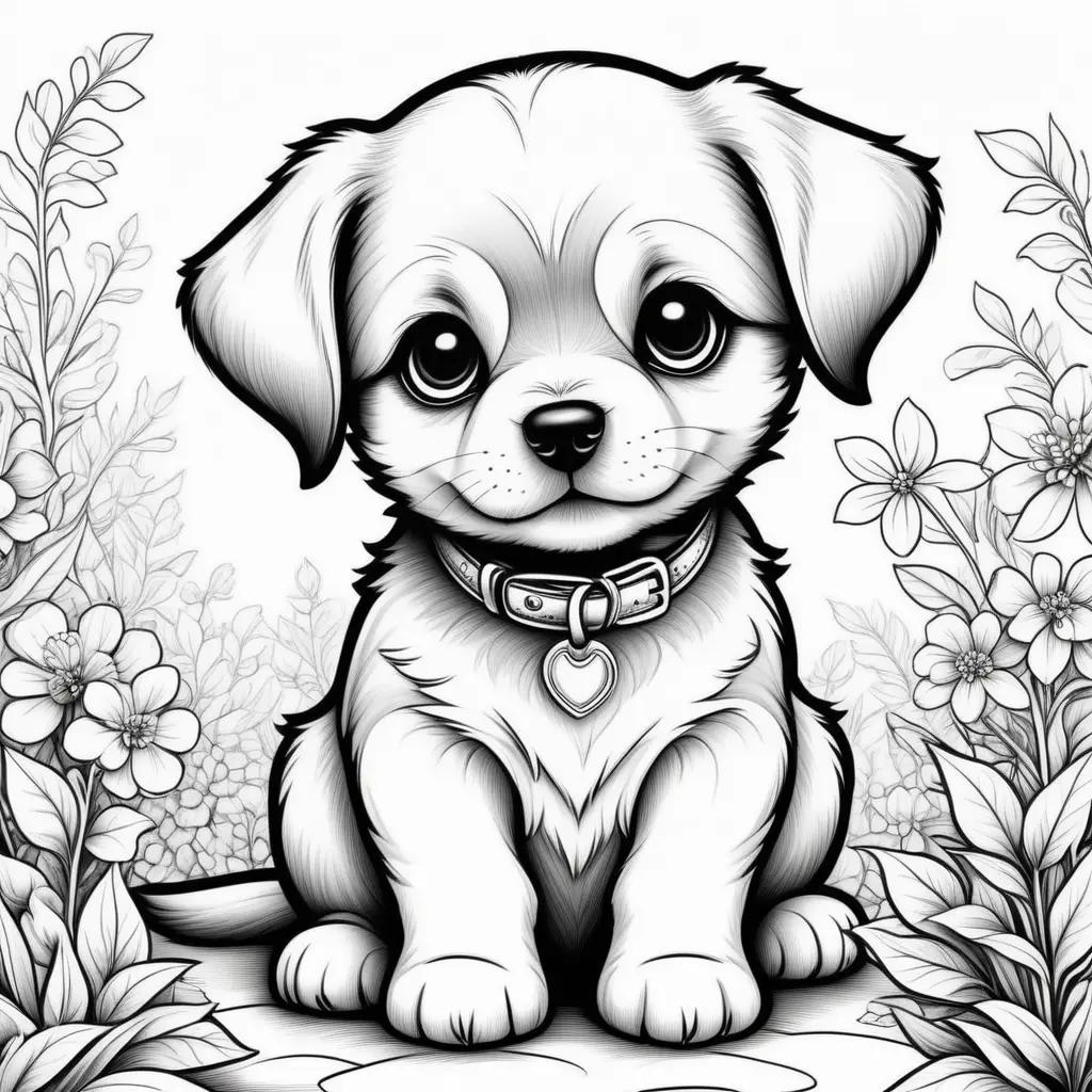 Black and white cute puppy coloring pages with flowers