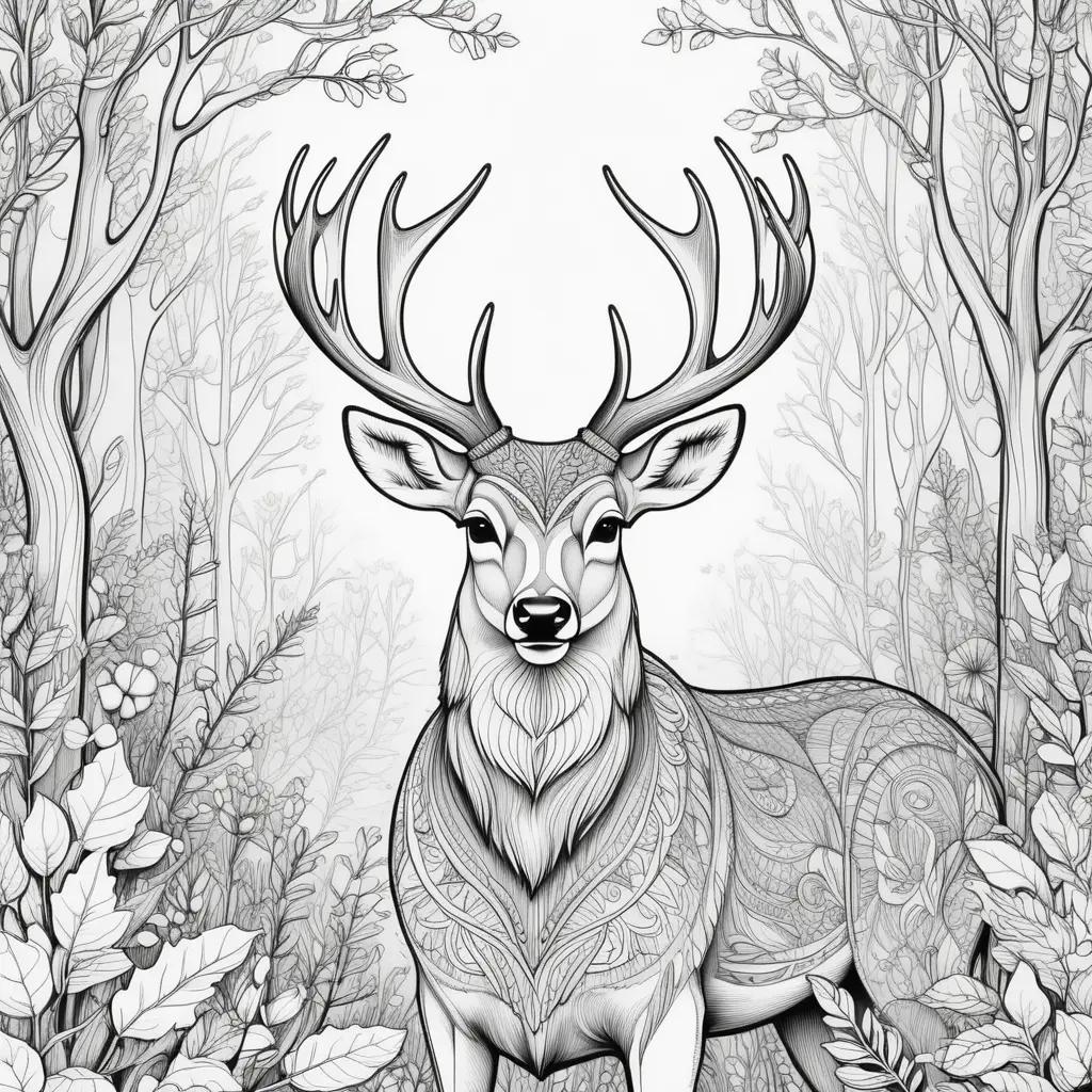 Black and white deer color pages with a forest background