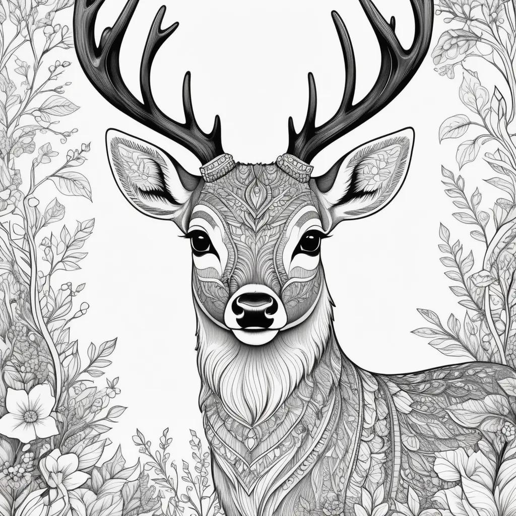 Black and white deer color pages with floral background