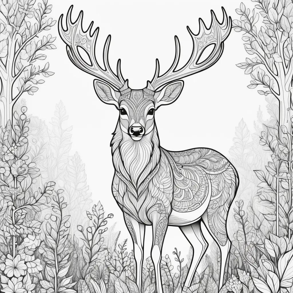 Black and white deer coloring pages with trees and flowers