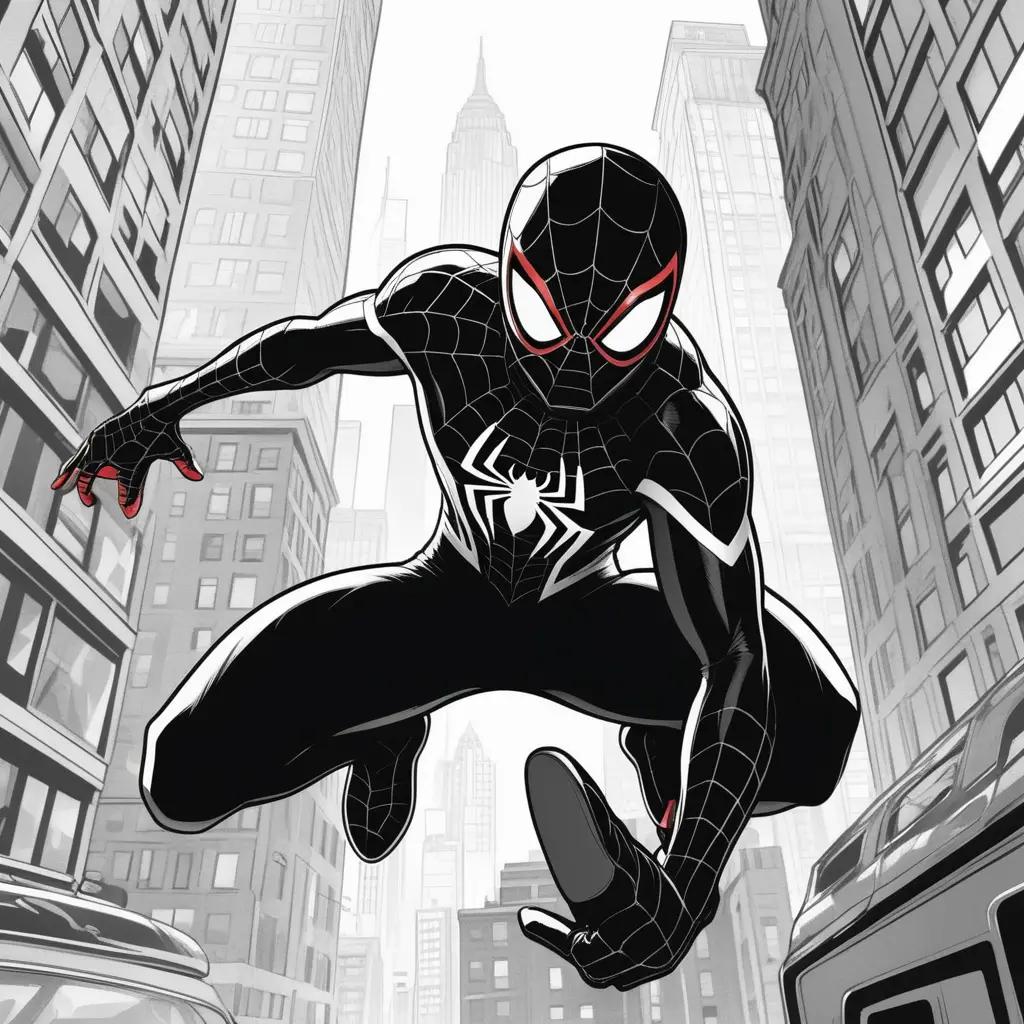 Black and white depiction of Spiderman in the city