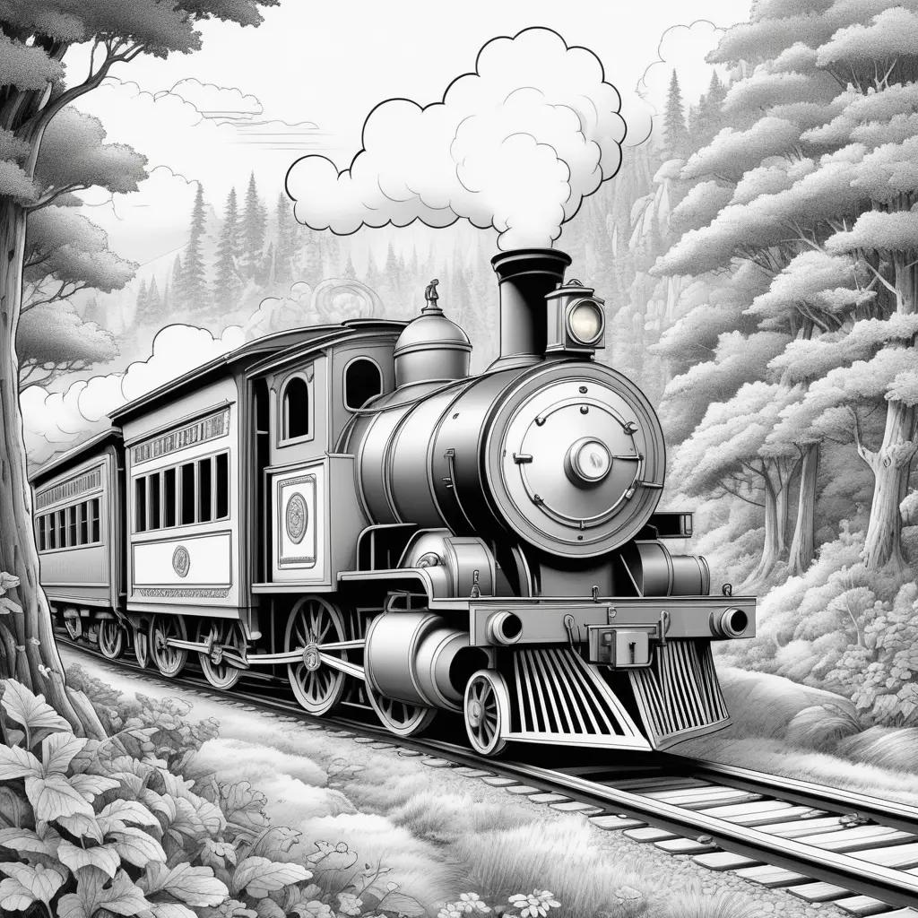 森の中の蒸気機関車の白黒描写