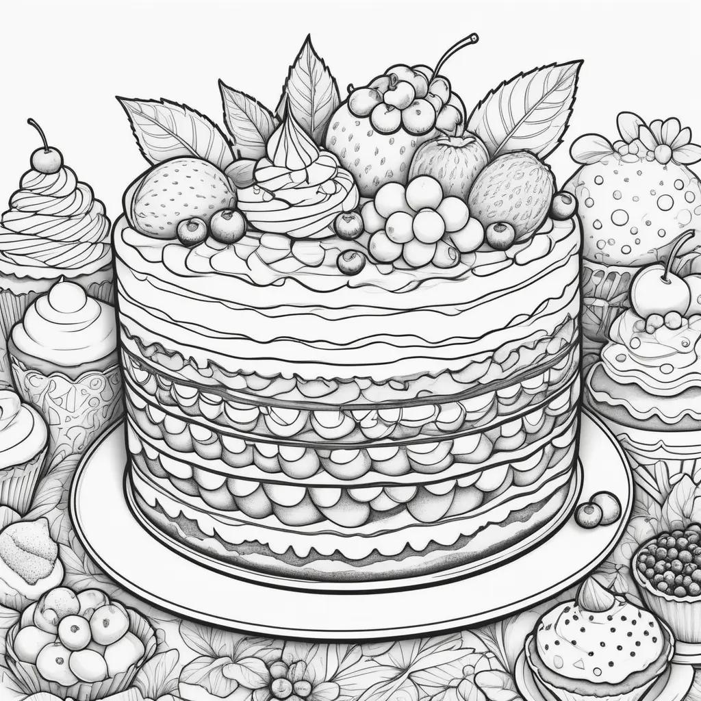 Black and white dessert coloring pages with fruit and cupcakes