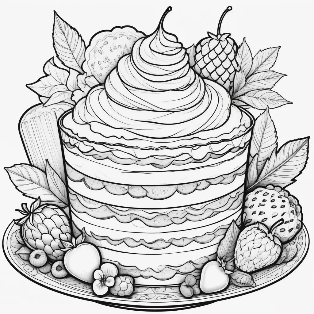 Black and white dessert coloring pages with fruits and cakes