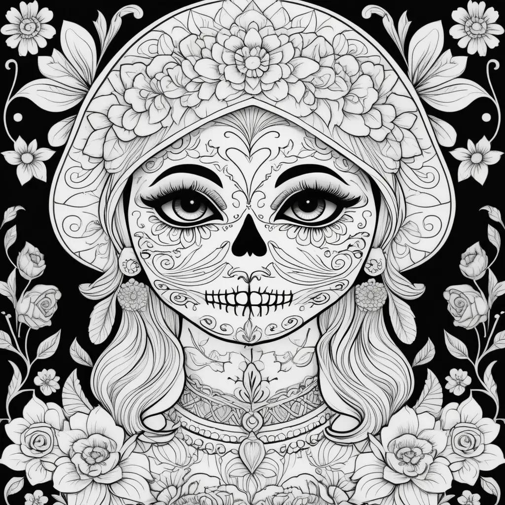 Black and white dia de los muertos coloring pages