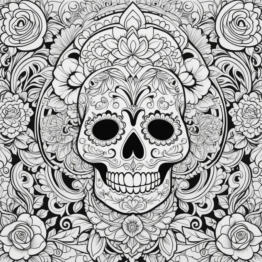 Black and white dia de los muertos coloring pages with skull and flowers