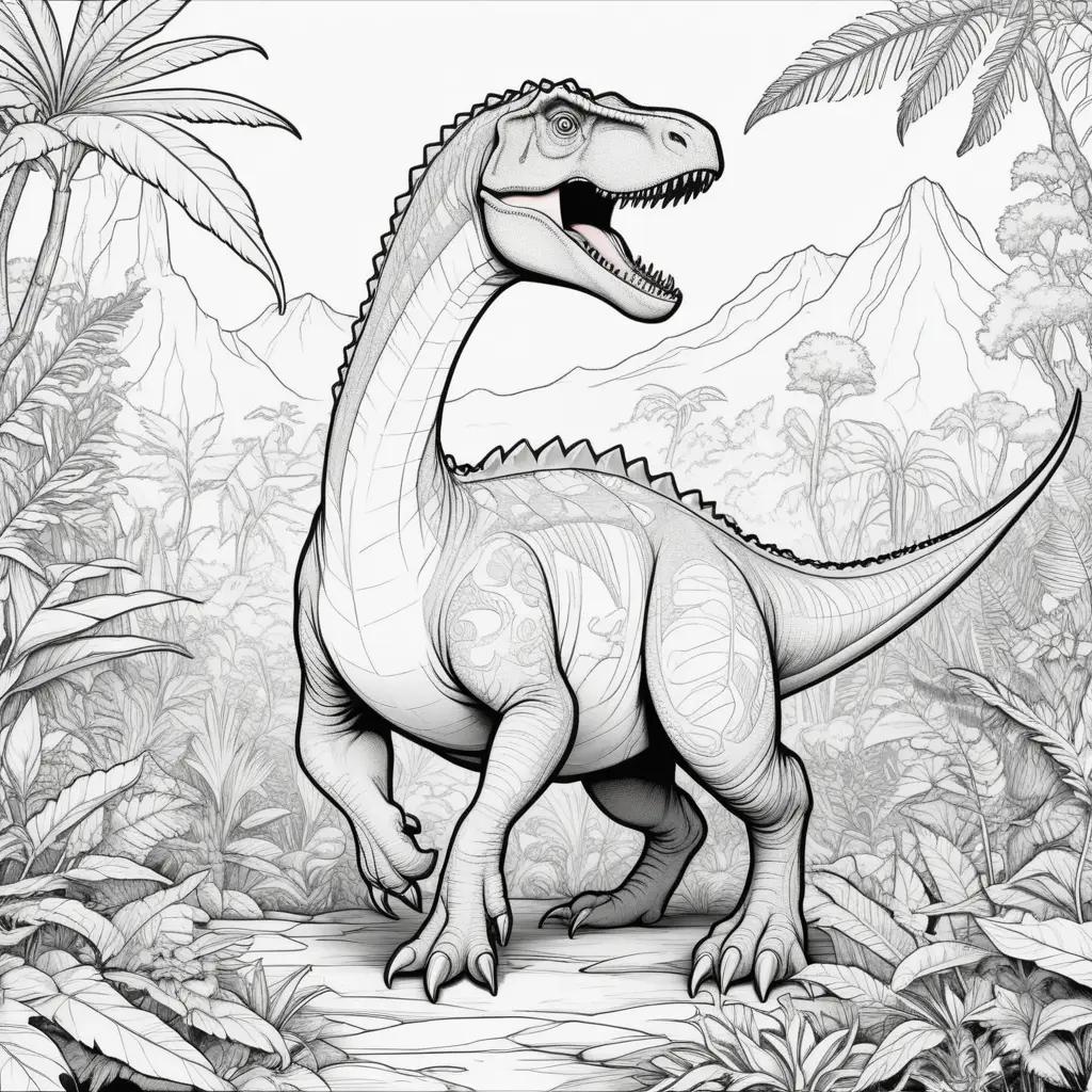 Black and white dinosaur color page in a jungle