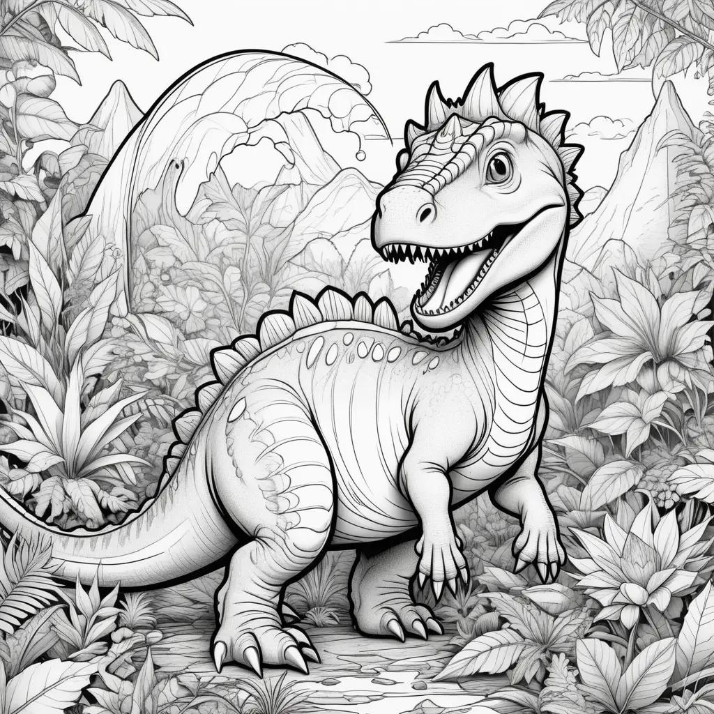 ジャングルの黒と白の恐竜のカラーページ