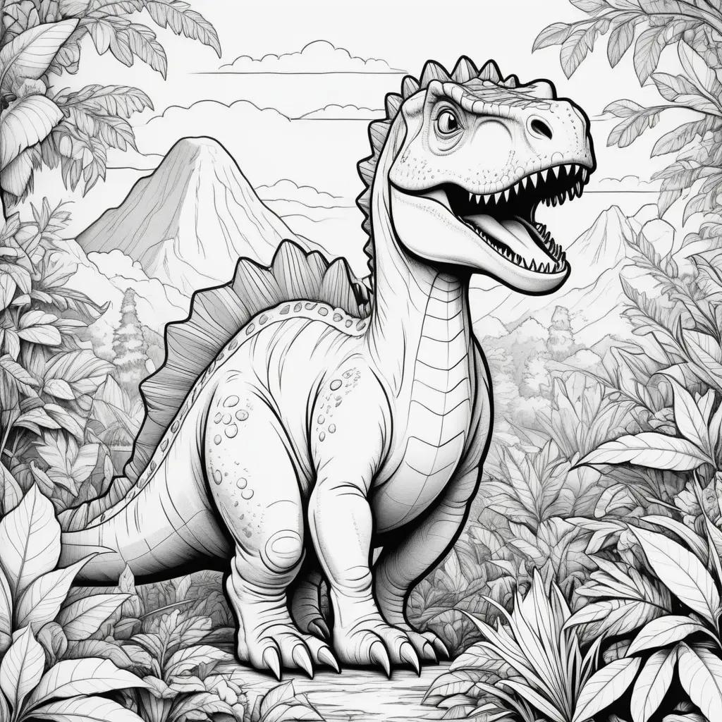 山と葉の黒と白の恐竜のカラーページ