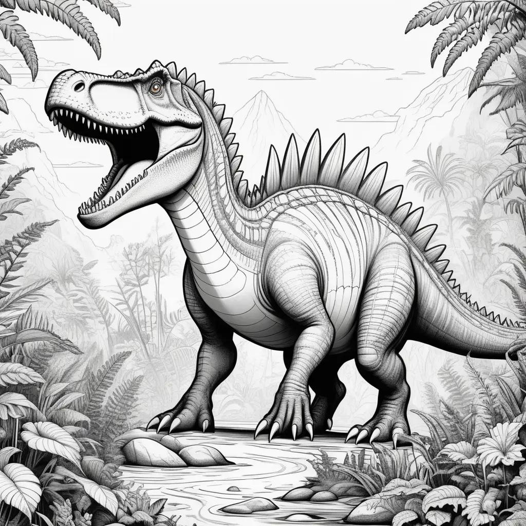 Black and white dinosaur coloring page with Spinosaurus