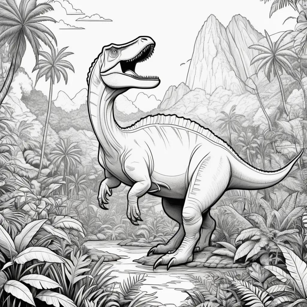 Black and white dinosaur coloring page with mountains in the background