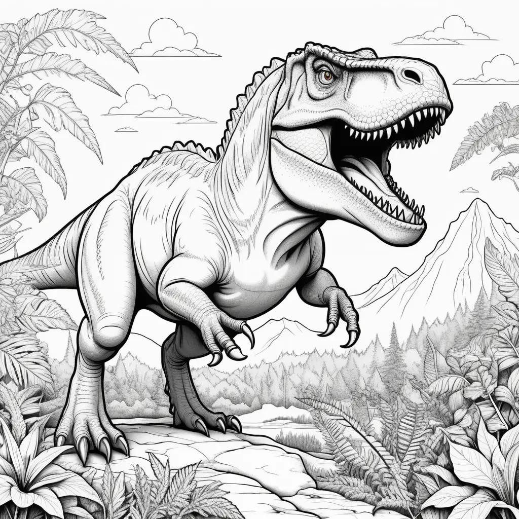 Black and white dinosaur coloring pages featuring a T-Rex