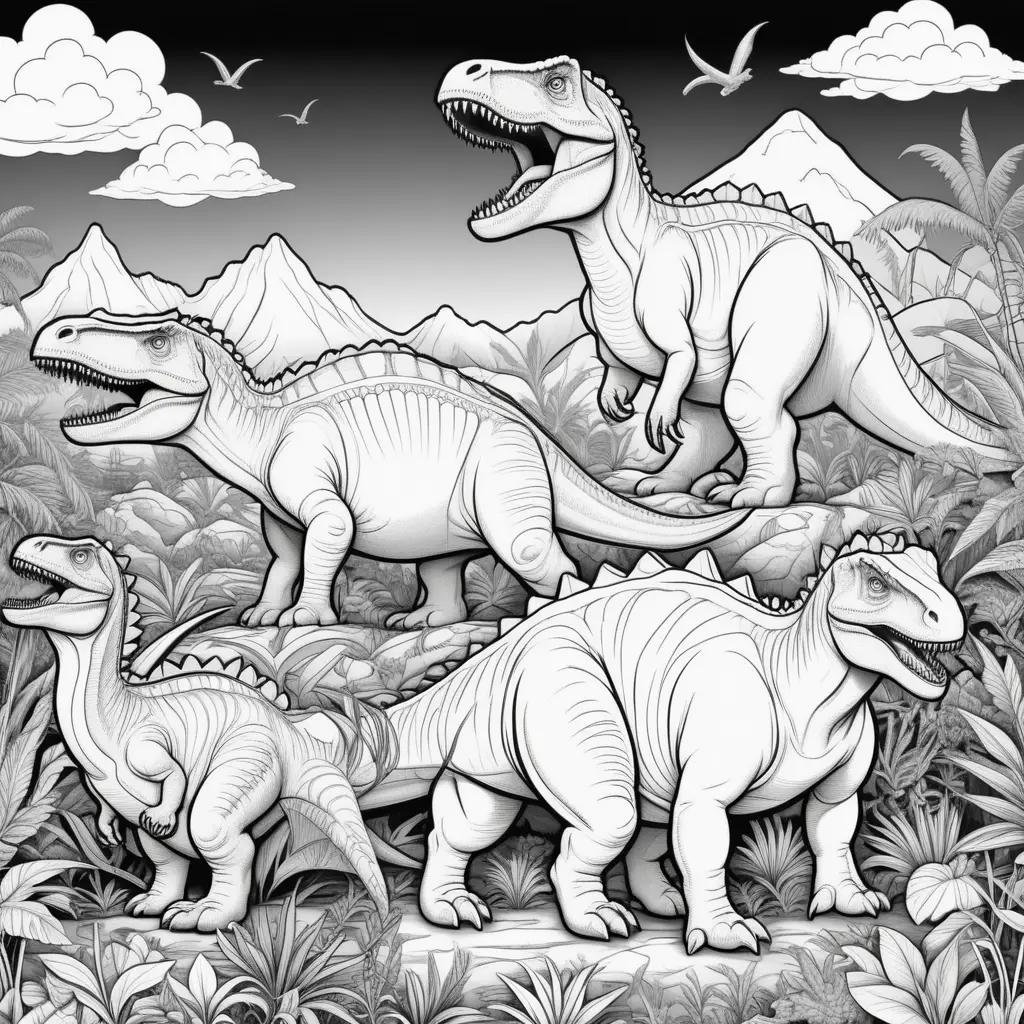 Black and white dinosaur coloring pages in a jungle setting