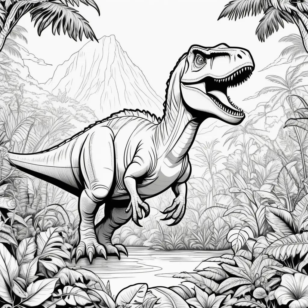 Black and white dinosaur coloring pages of a prehistoric world