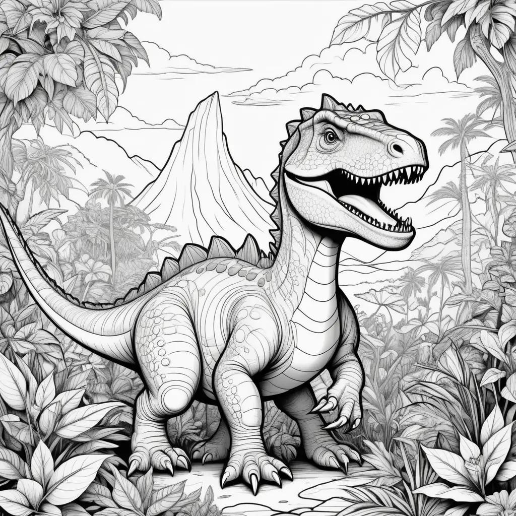 Black and white dinosaur coloring pages with mountains and trees