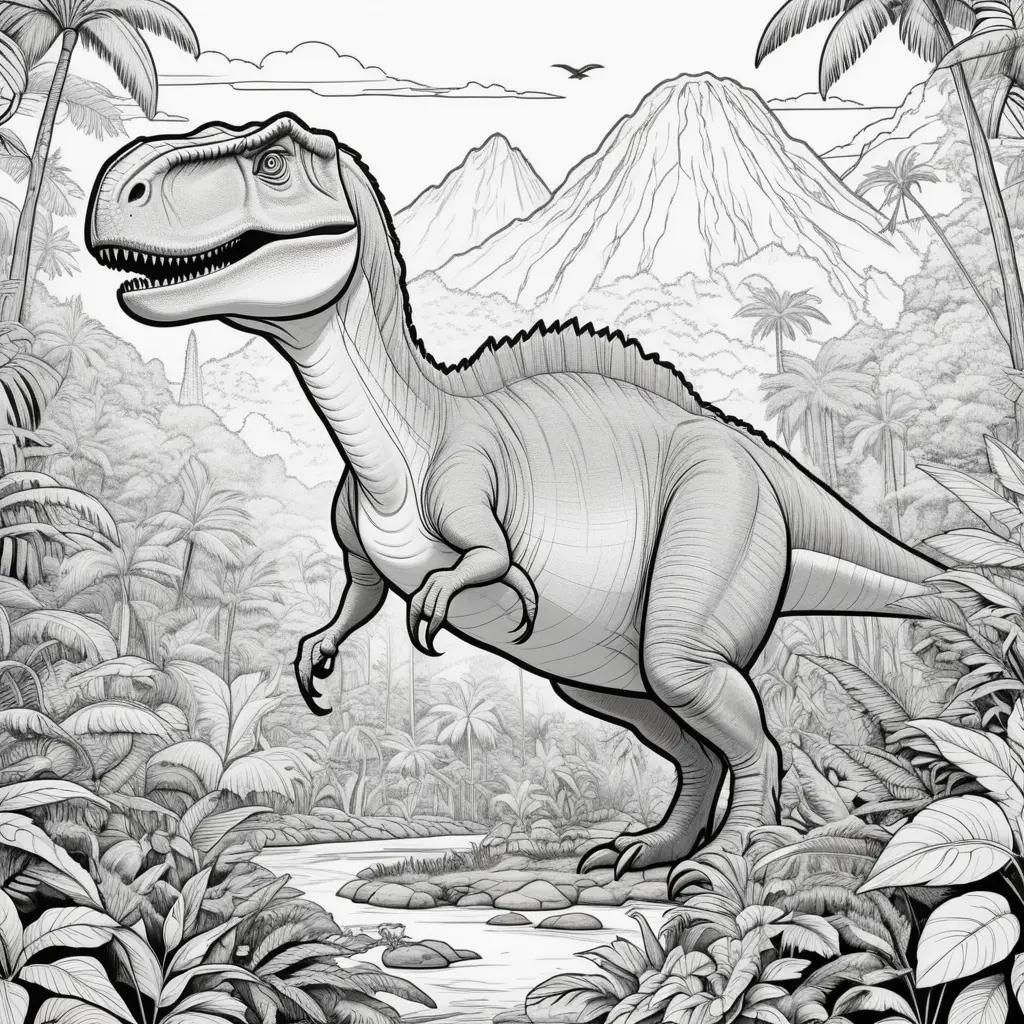 Black and white dinosaur drawing in a jungle setting