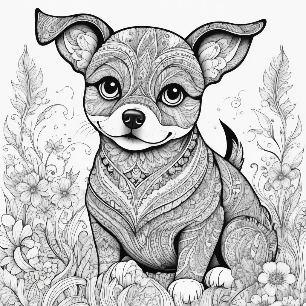 Black and white dog color page featuring a cute puppy with intricate patterns