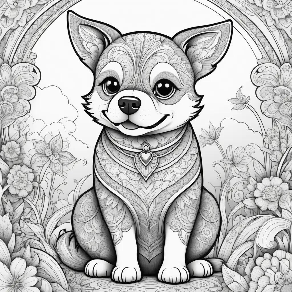 Black and white dog coloring page with flower and heart