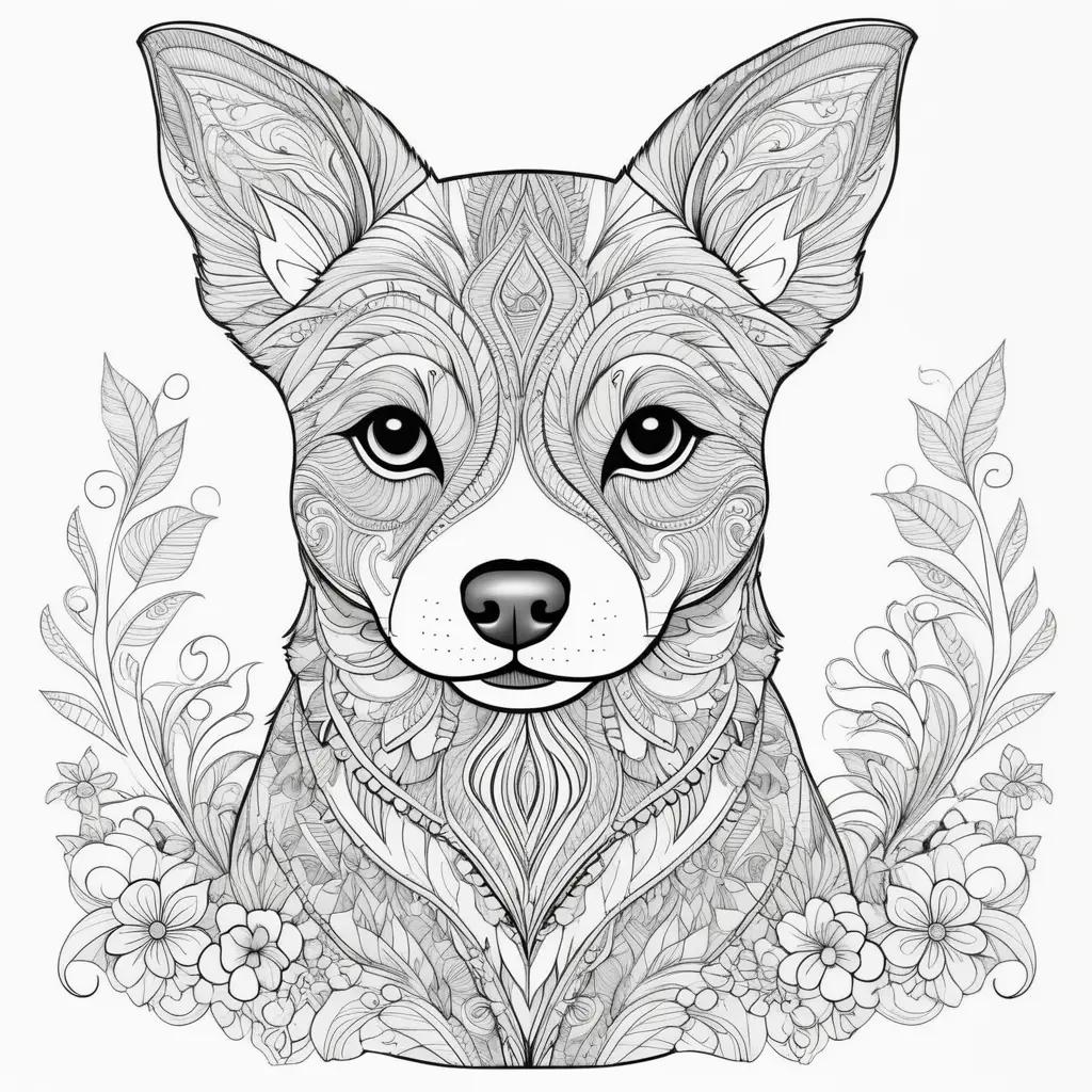 Black and white dog coloring page with flowers