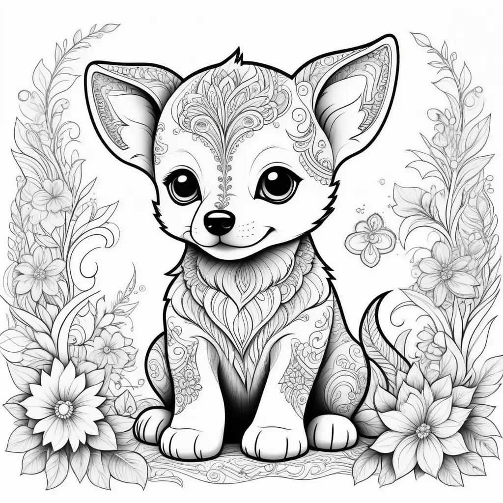 Black and white dog coloring page with flowers and butterflies