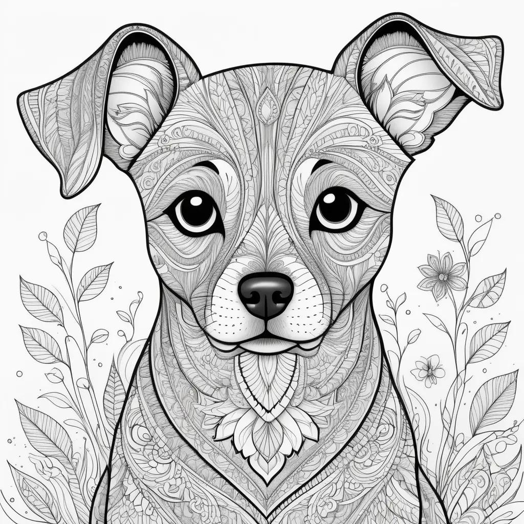 Black and white dog coloring page with intricate design