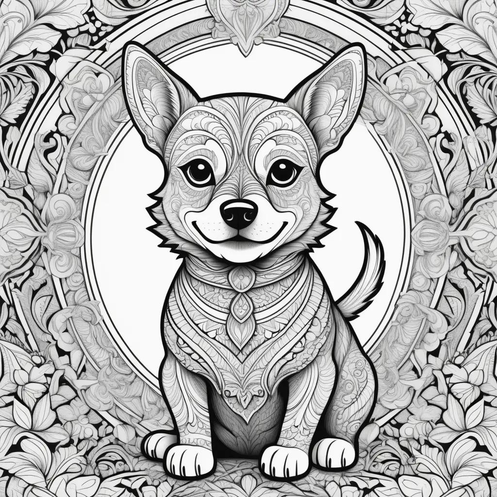 Black and white dog man coloring pages with ornamental border