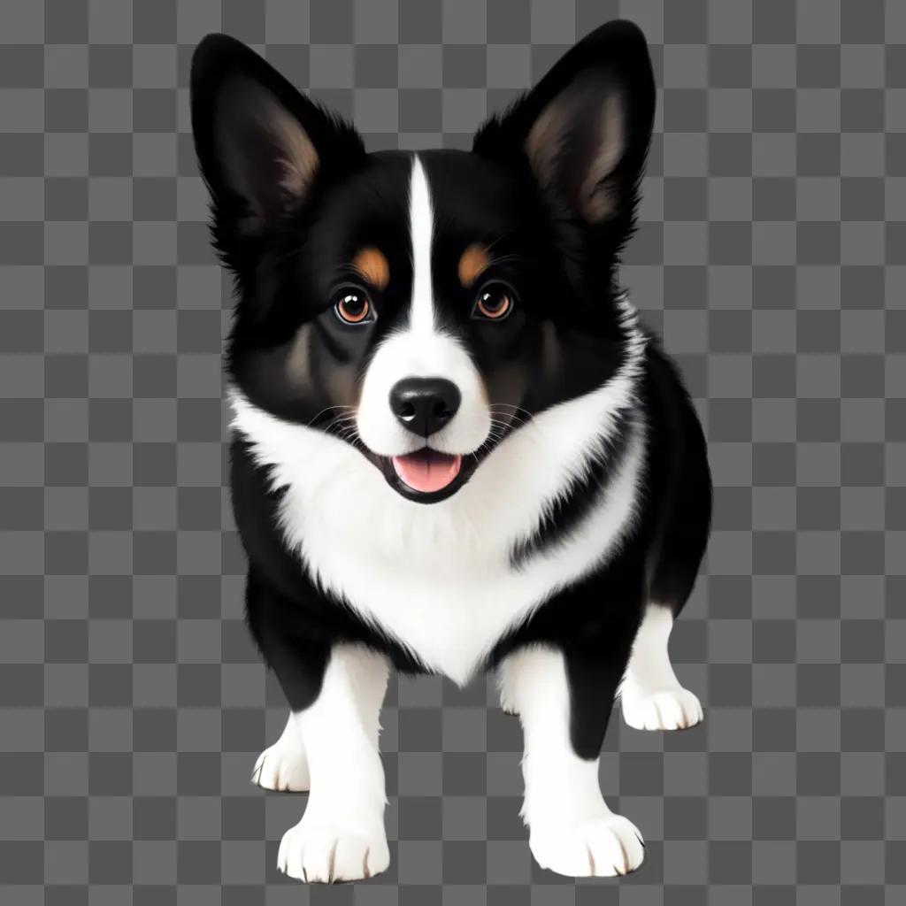 Black and white dog with tongue out on gray background