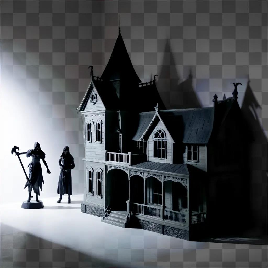 Black and white dollhouse with creepy figures