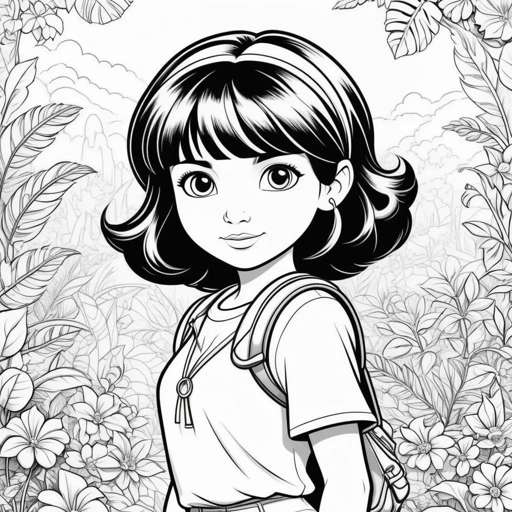 Black and white dora color pages of a girl in a field