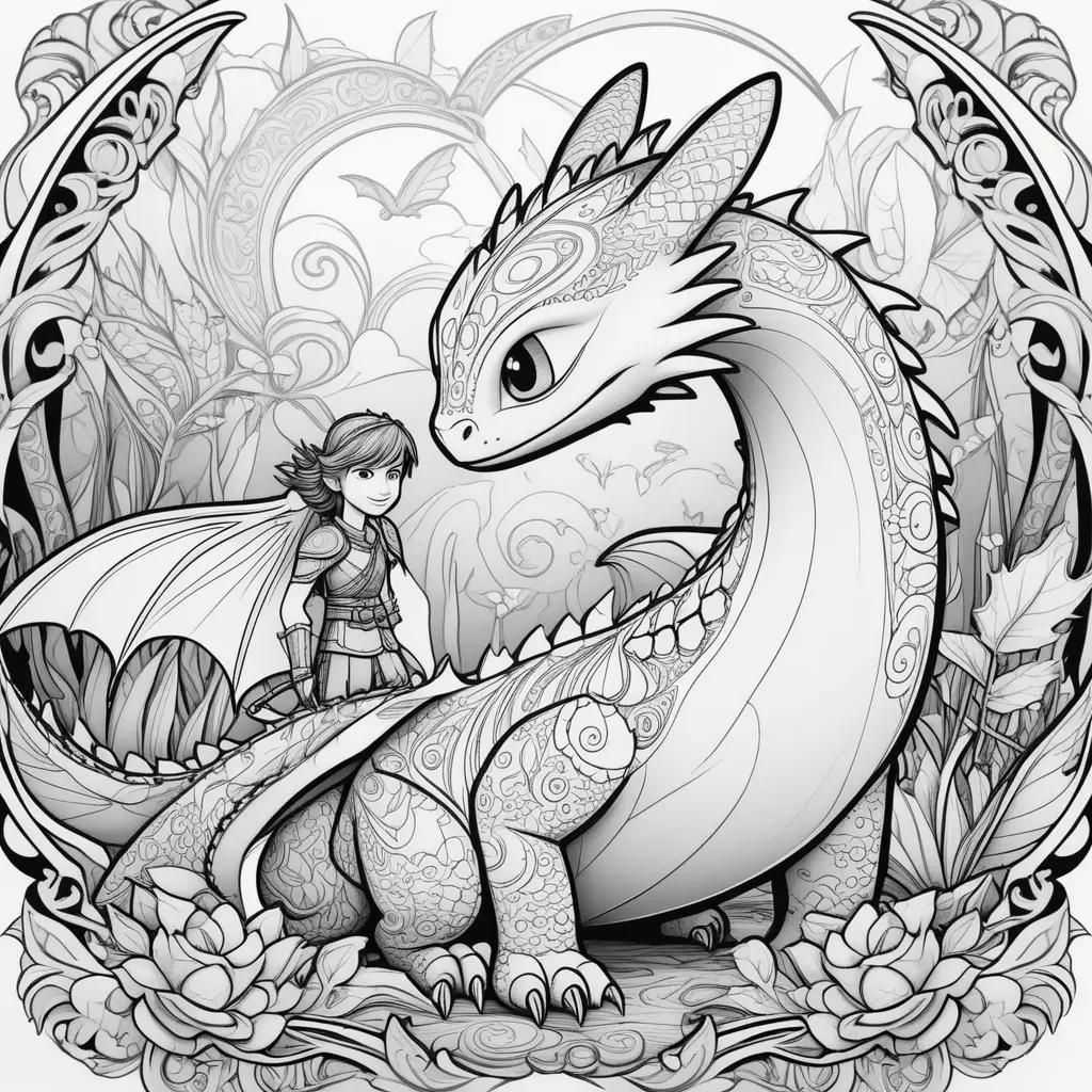 Black and white dragon and girl coloring page