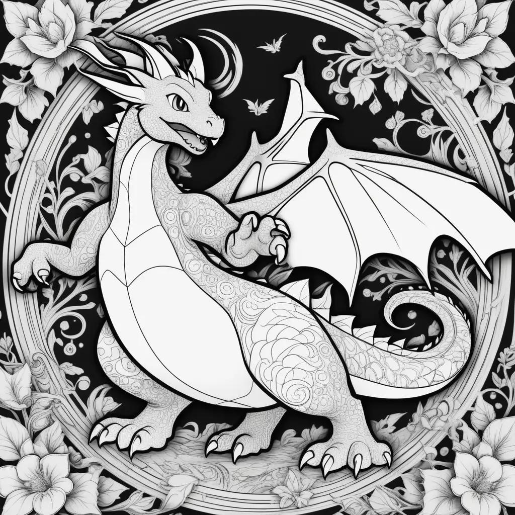 Black and white dragon color page with flowers