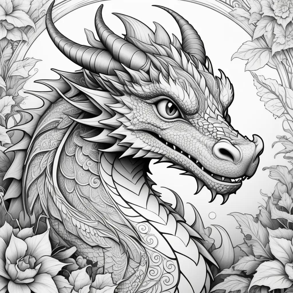 Black and white dragon color page with flowers