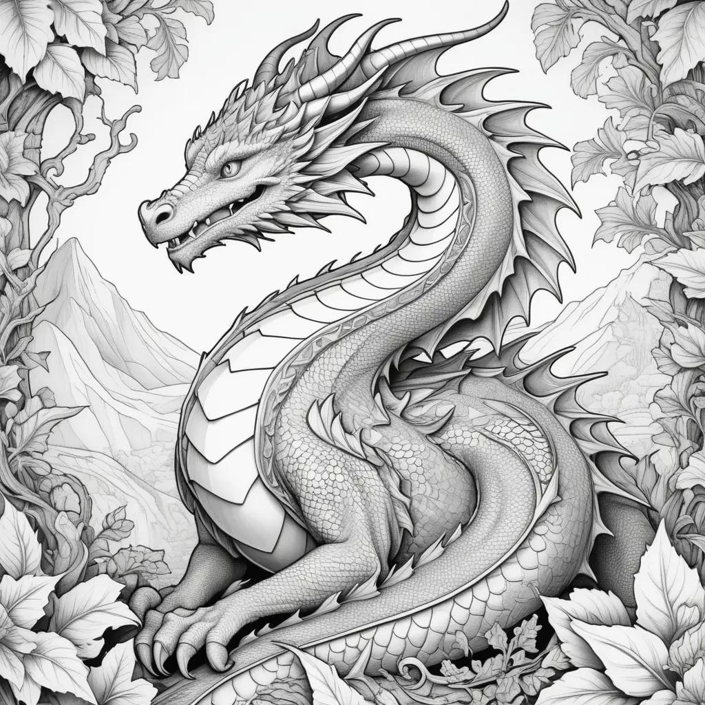 Black and white dragon color page with leaves and flowers