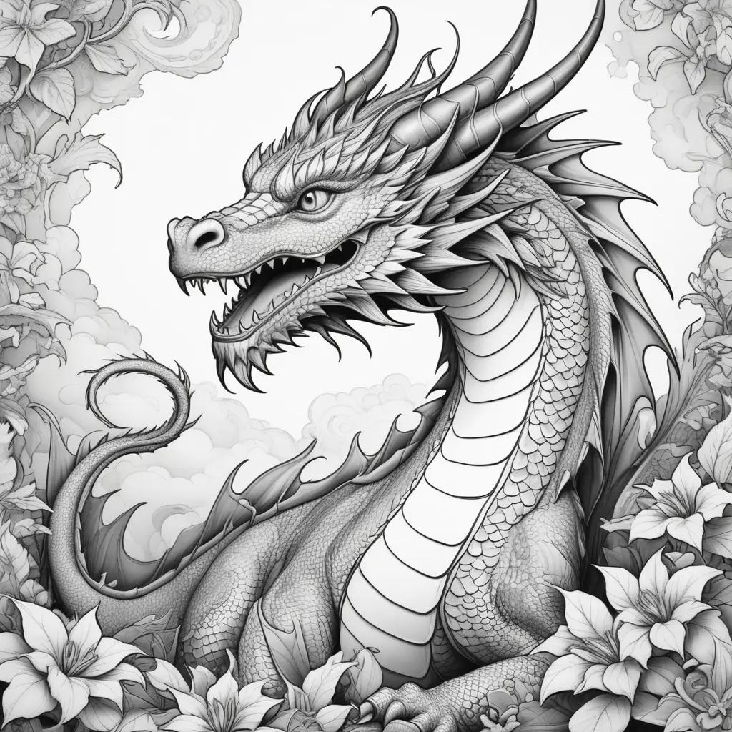 Black and white dragon color page with white flowers