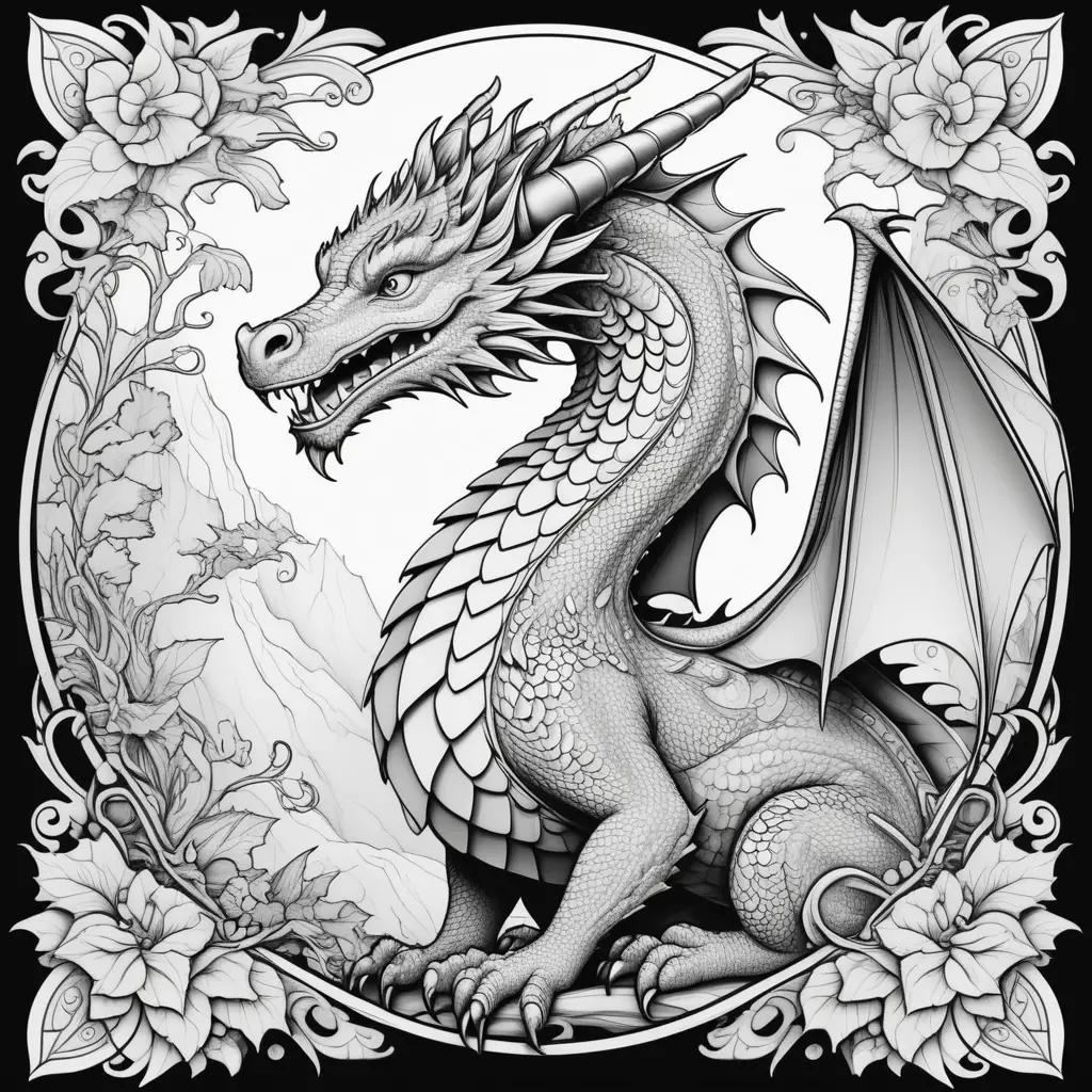 Black and white dragon coloring page with flowers