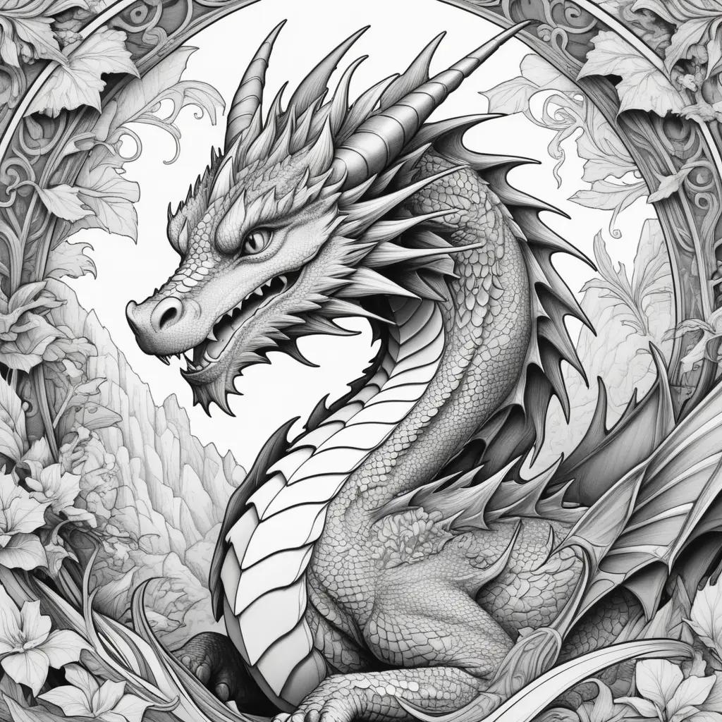 Black and white dragon coloring page with flowers