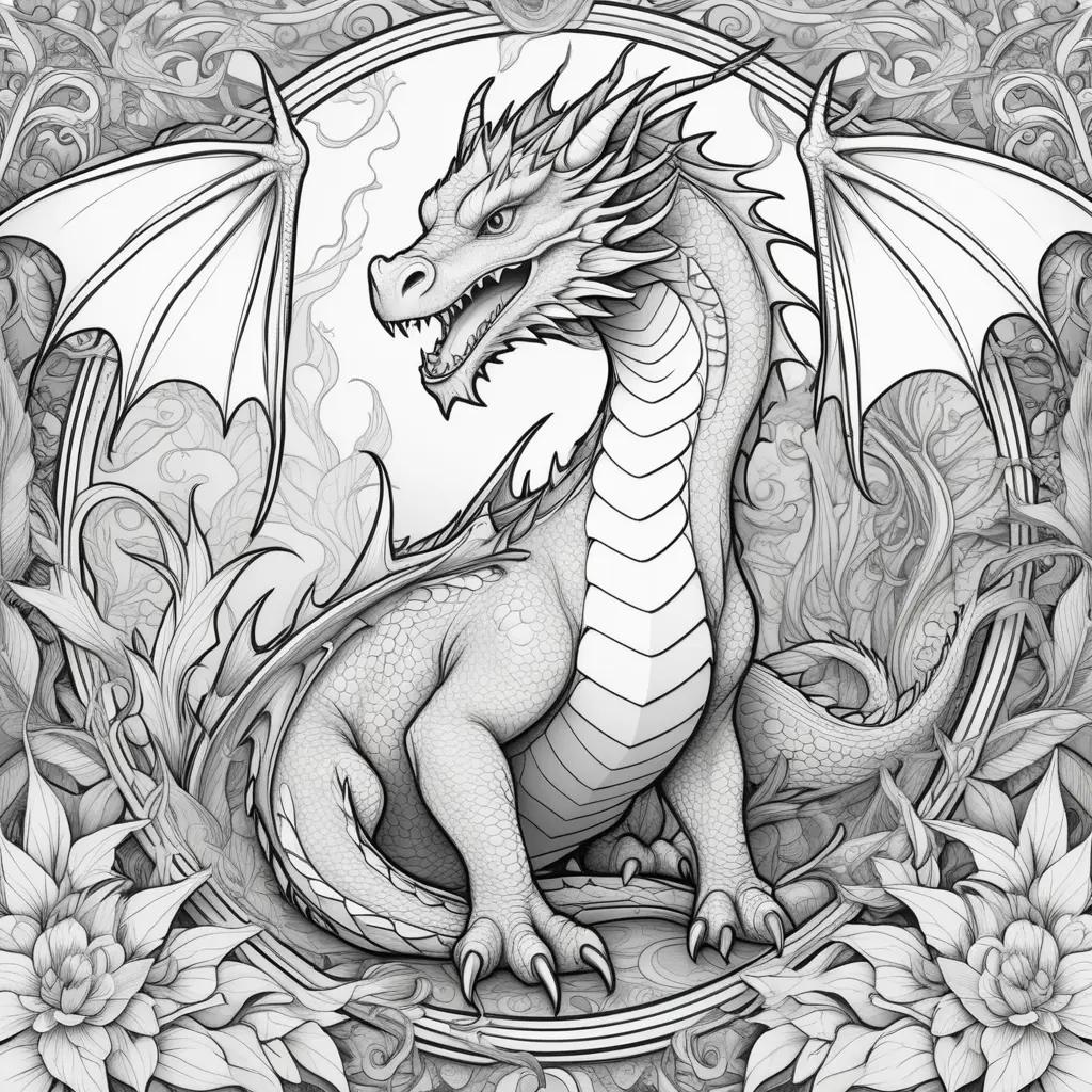 Black and white dragon coloring page with flowers