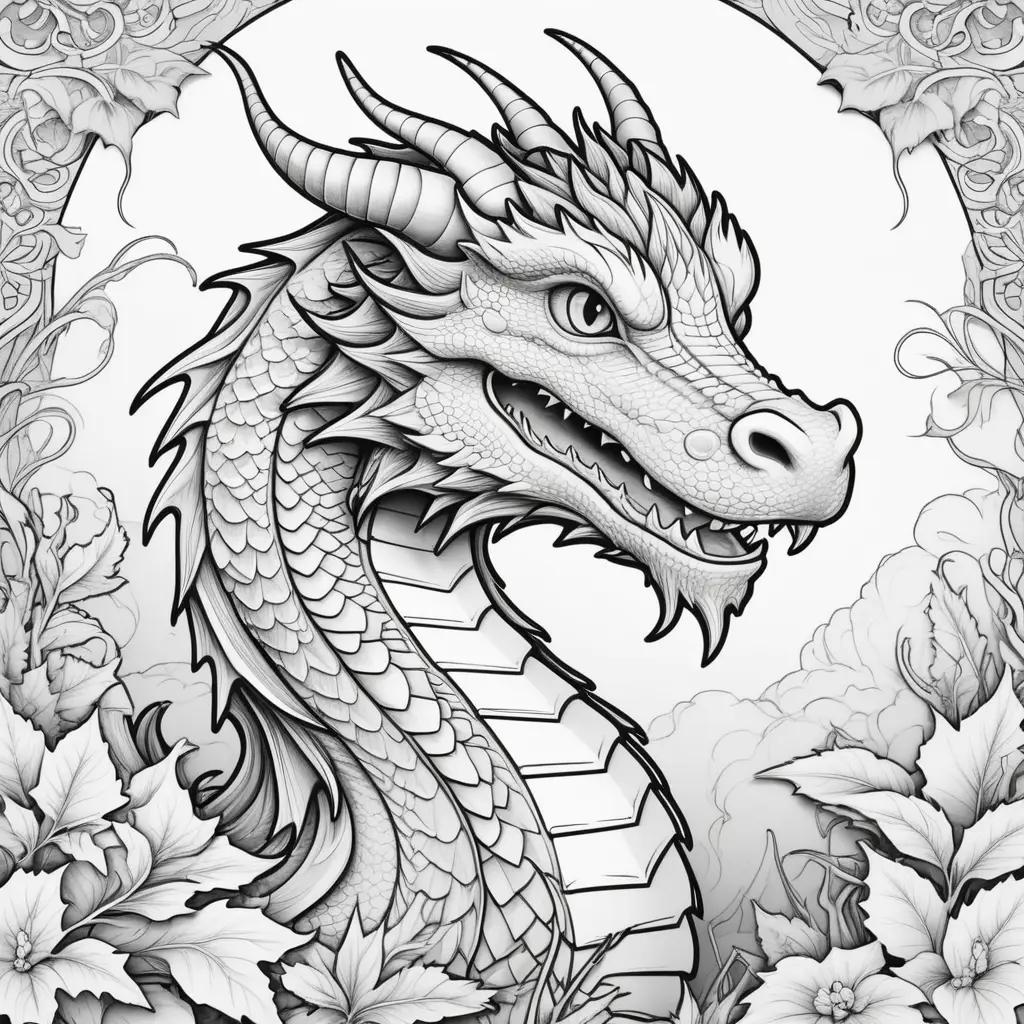 Black and white dragon coloring page with leaves