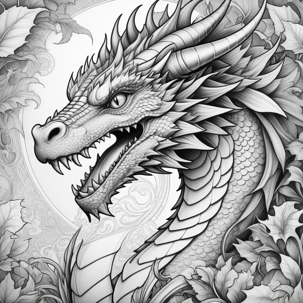 Black and white dragon coloring page with leaves