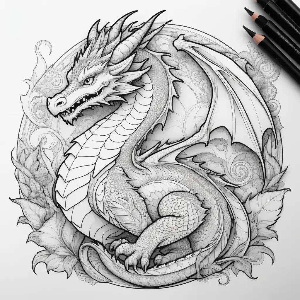 Black and white dragon coloring page with pencil marks