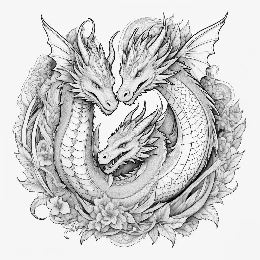 Black and white dragon coloring pages with flowers