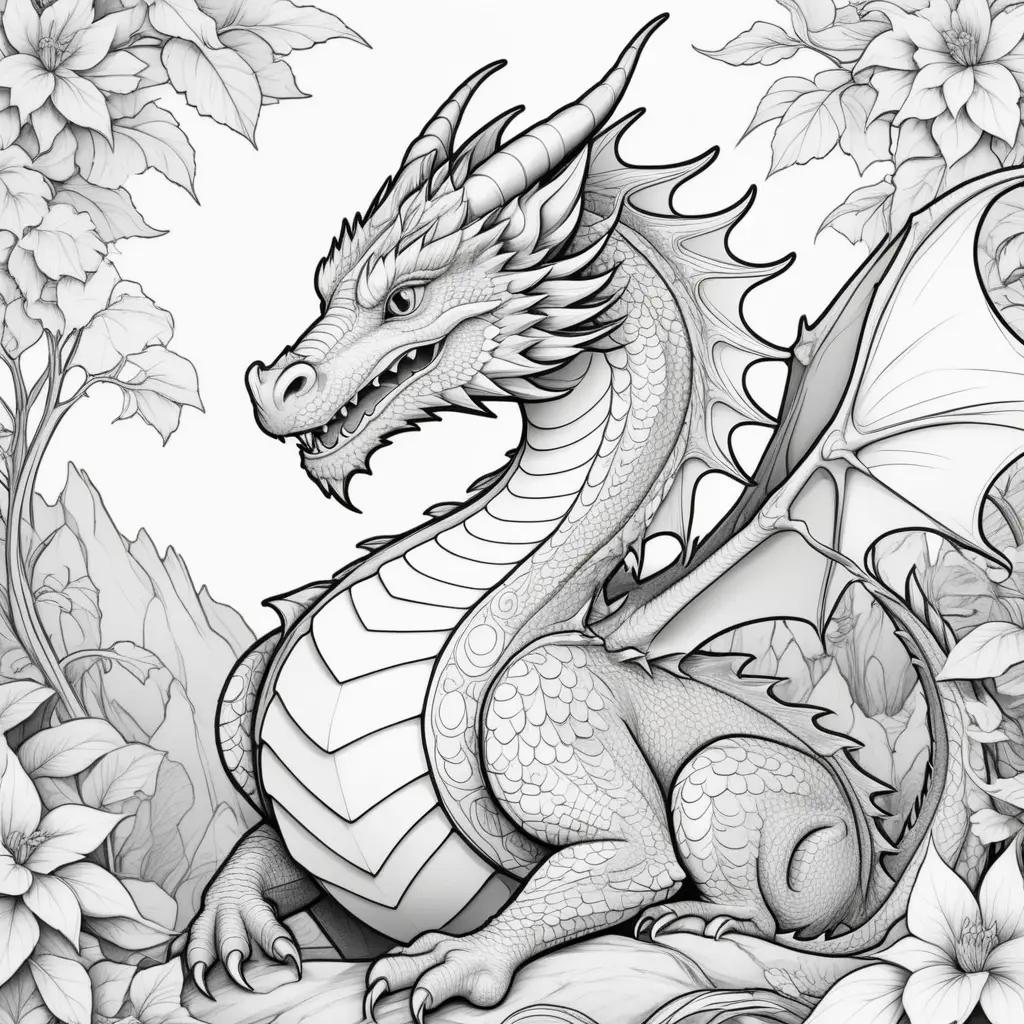 Black and white dragon coloring pages with flowers