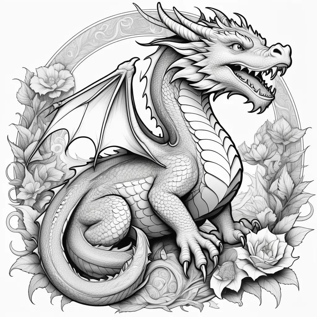 Black and white dragon coloring pages with flowers