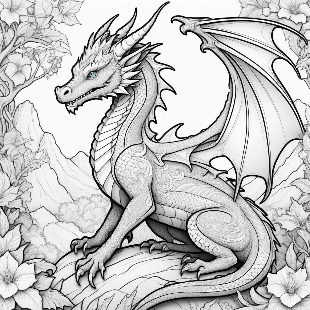 Black and white dragon coloring pages with flowers and mountains