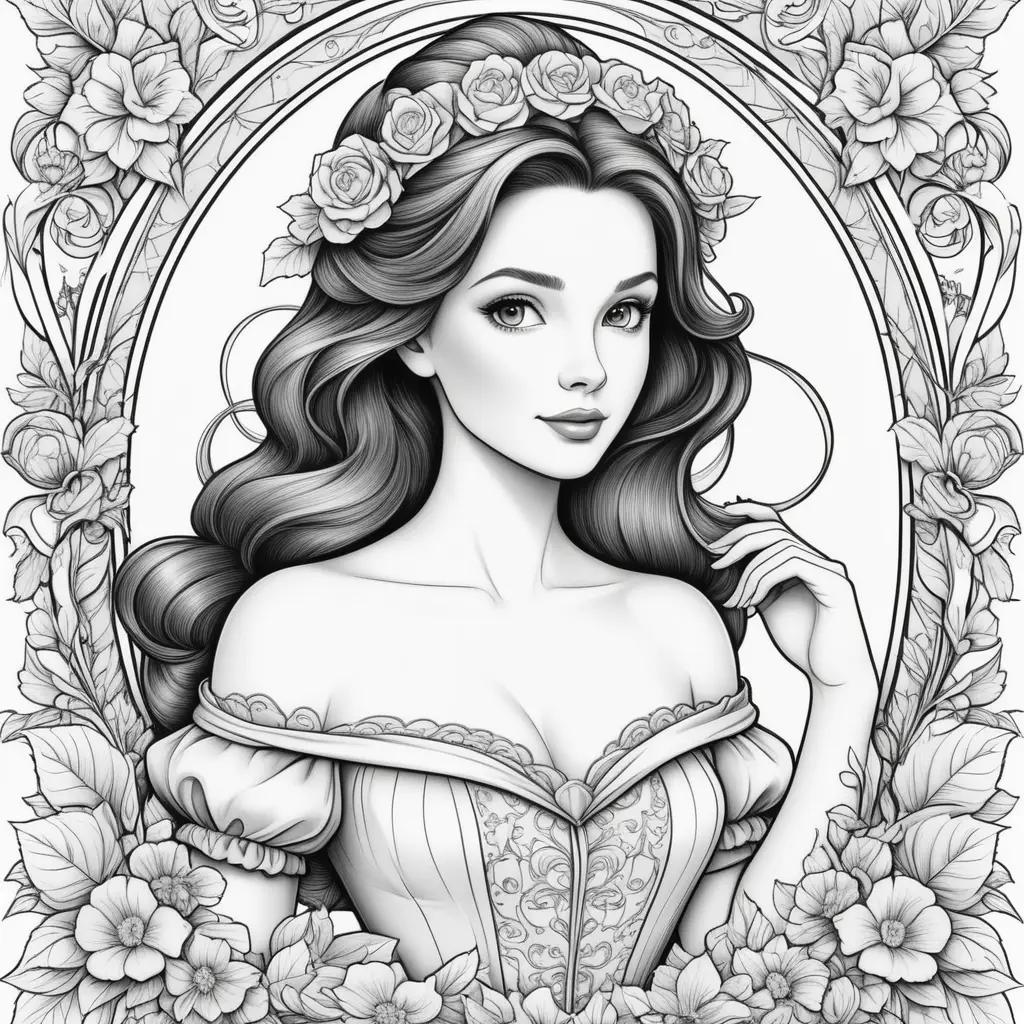 Black and white drawing of Belle with colorful flowers