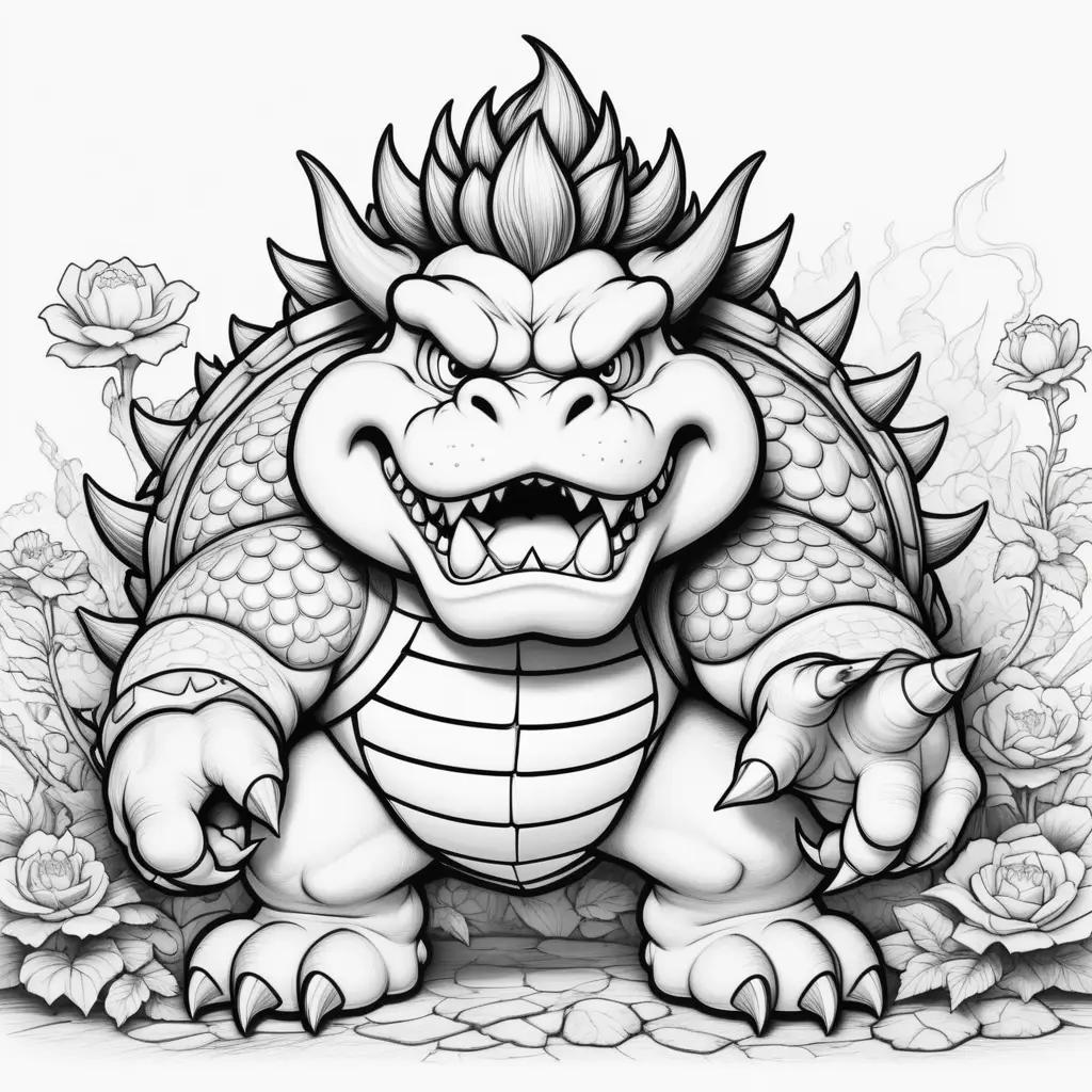 Black and white drawing of Bowser, a cartoon character