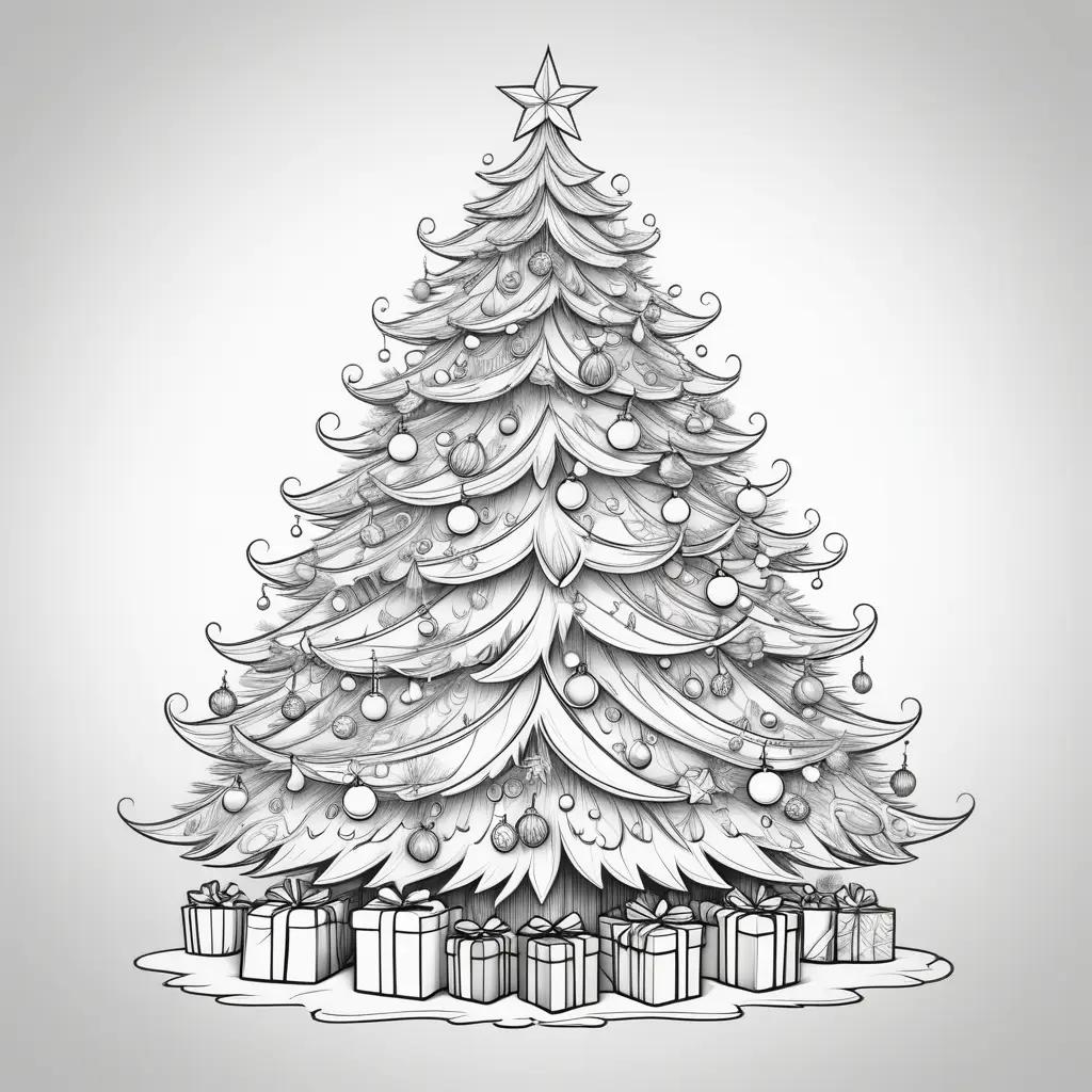 Black and white drawing of Christmas tree with presents