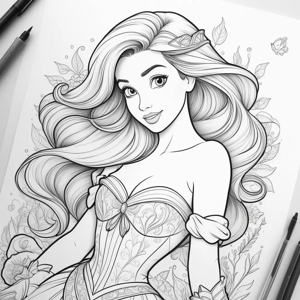 Black and white drawing of Disney Princess Ariel