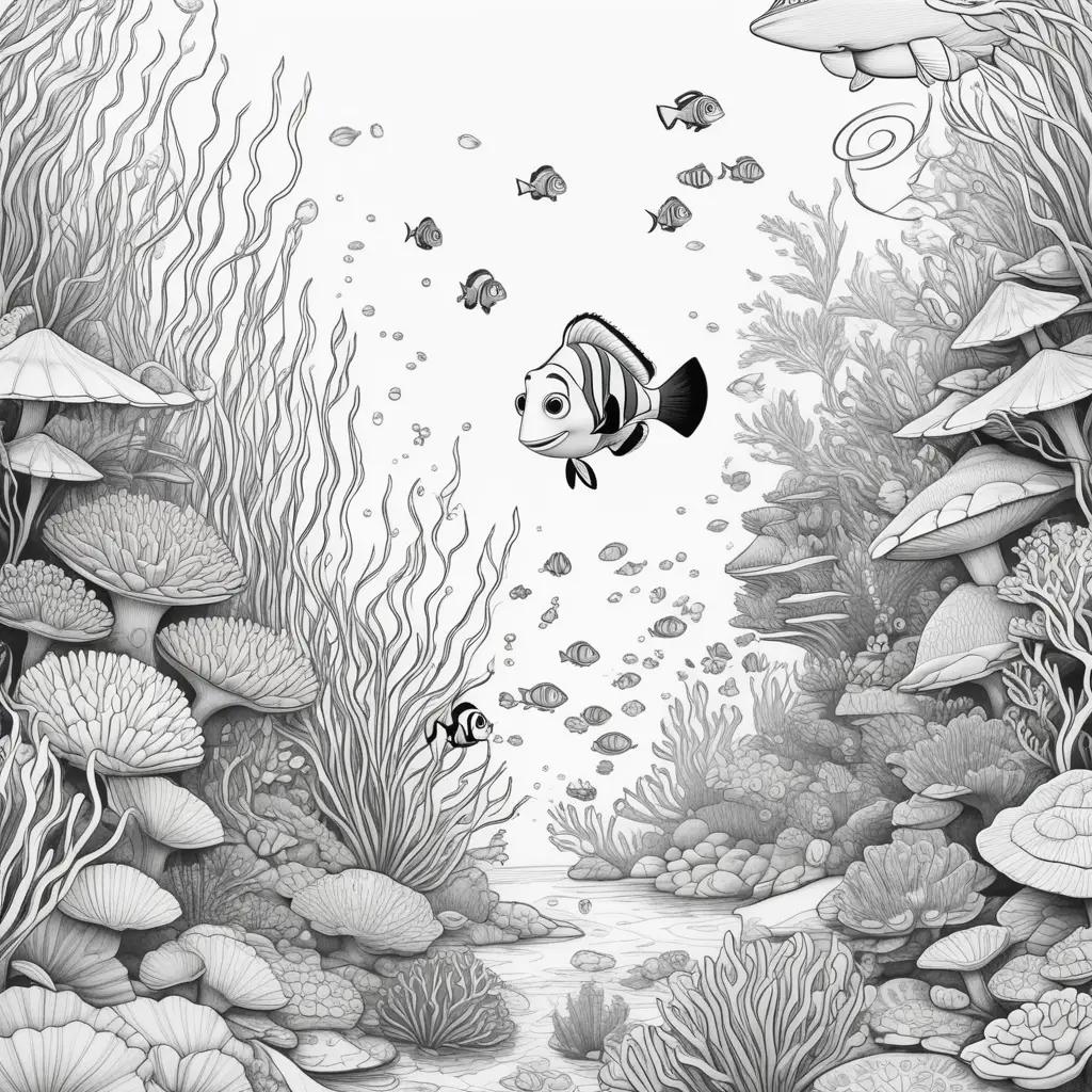 Black and white drawing of Finding Nemo characters in ocean scene