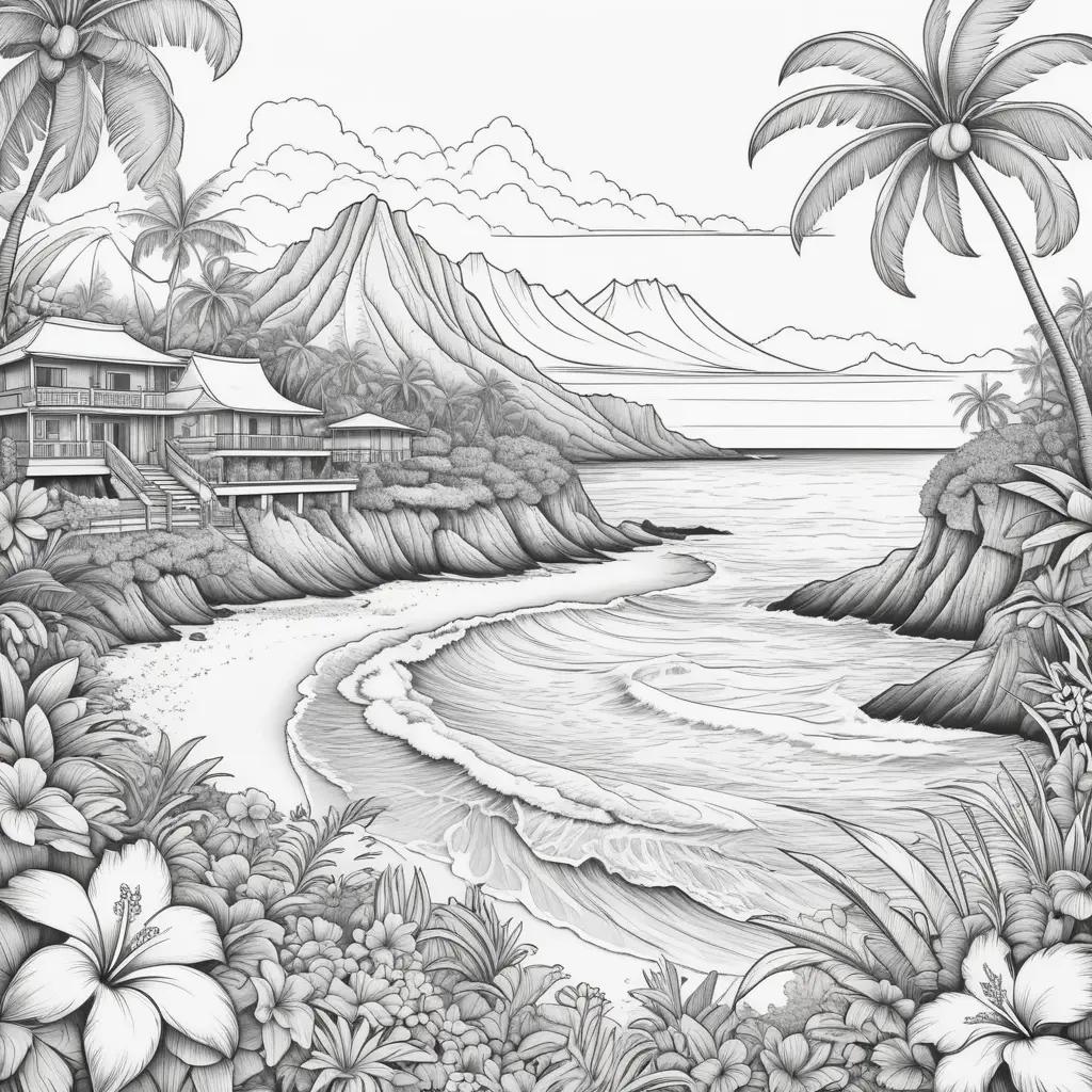 Black and white drawing of Hawaii beach and mountains